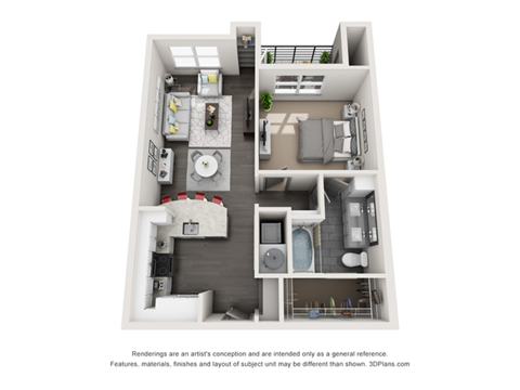 Floor plan for 1 bed, 1 bath, 751 sqft