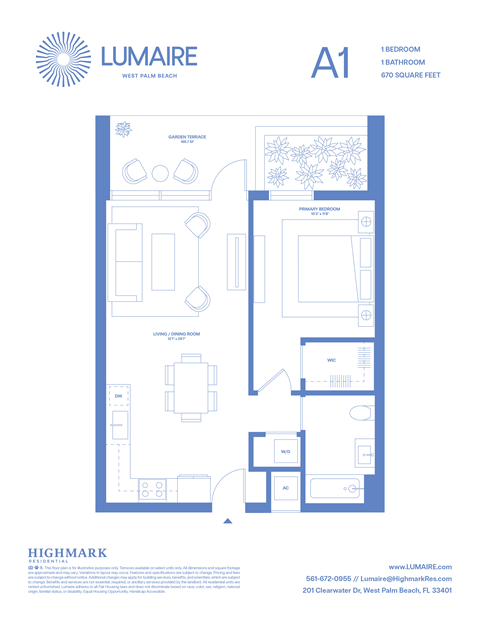 Floor plan for 1 bed, 1 bath, 670 sqft