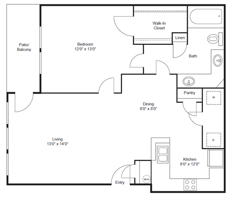 Floor plan for 1 bed, 1 bath, 798 sqft
