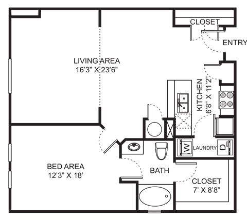Floor plan for 1 bed, 1 bath, 773 sqft