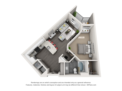 Floor plan for 1 bed, 1 bath, 736 sqft