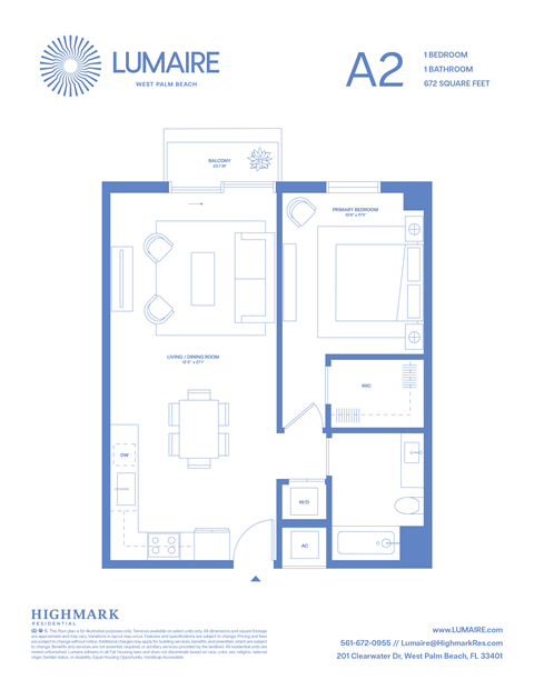 Floor plan for 1 bed, 1 bath, 672 sqft
