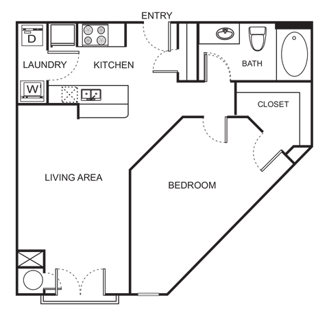 Floor plan for 1 bed, 1 bath, 810 sqft