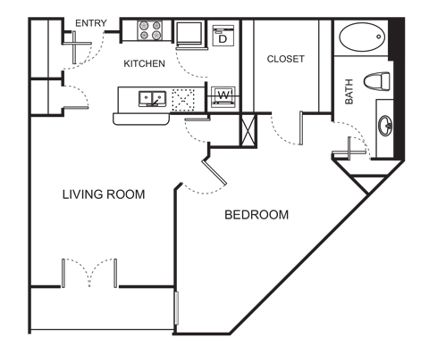 Floor plan for 1 bed, 1 bath, 864 sqft