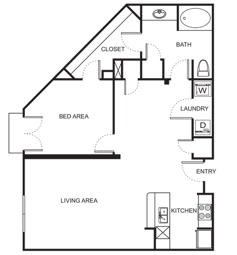 Floor plan for 1 bed, 1 bath, 951 sqft