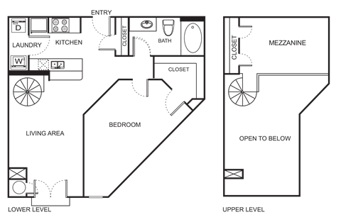 Floor plan for 1 bed, 1 bath, 955 sqft