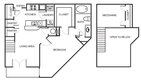 Floor plan for 1 bed, 1 bath, 992 sqft