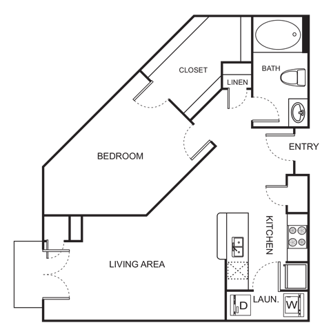 Floor plan for 1 bed, 1 bath, 894 sqft