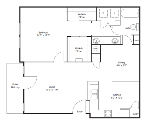 Floor plan for 1 bed, 1 bath, 875 sqft