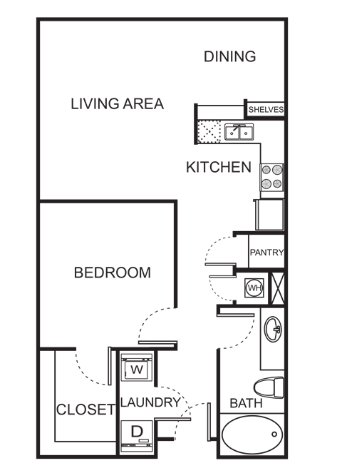 Floor plan for 1 bed, 1 bath, 763 sqft