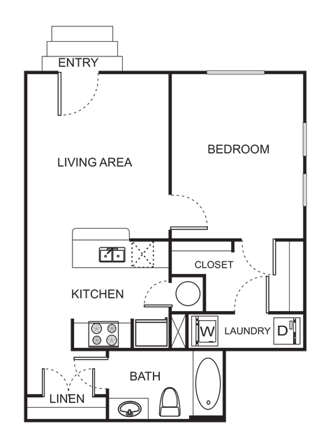Floor plan for 1 bed, 1 bath, 648 sqft