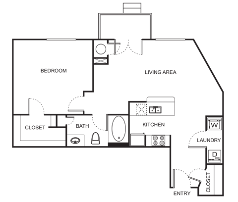 Floor plan for 1 bed, 1 bath, 853 sqft