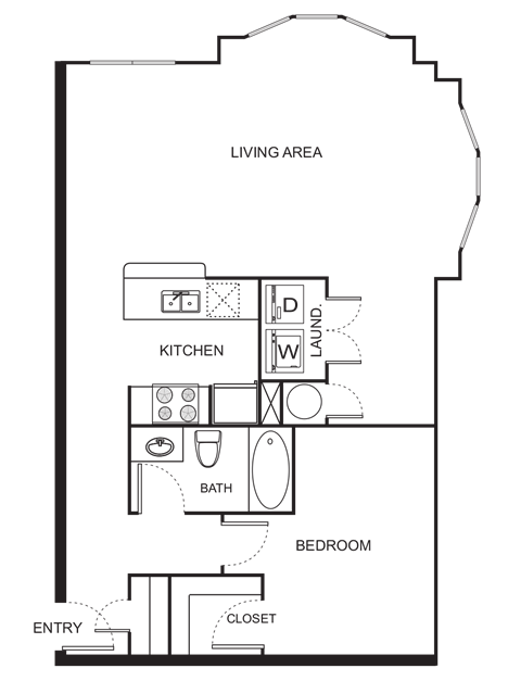 Floor plan for 1 bed, 1 bath, 890 sqft