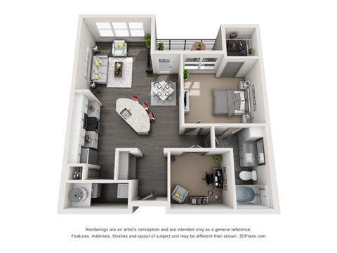 Floor plan for 1 bed, 1 bath, 879 sqft