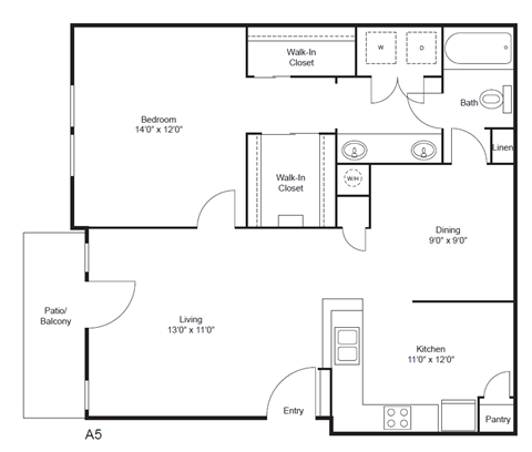 Floor plan for 1 bed, 1 bath, 913 sqft