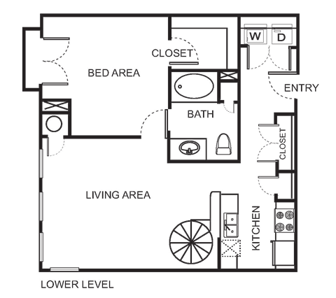 Floor plan for 1 bed, 1 bath, 961 sqft
