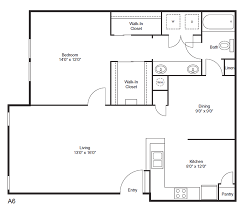 Floor plan for 1 bed, 1 bath, 943 sqft
