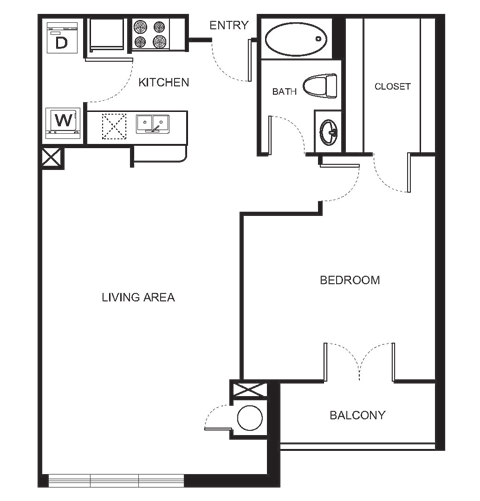 Floor plan for 1 bed, 1 bath, 877 sqft