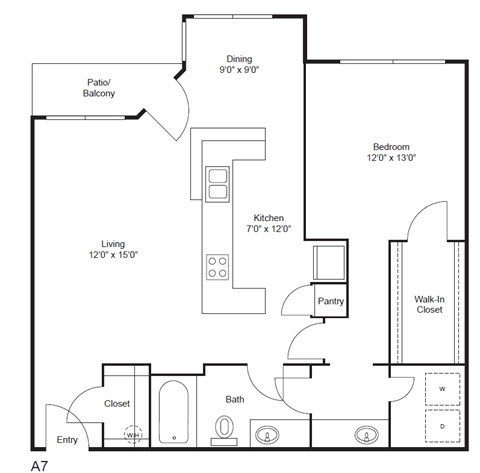 Floor plan for 1 bed, 1 bath, 925 sqft