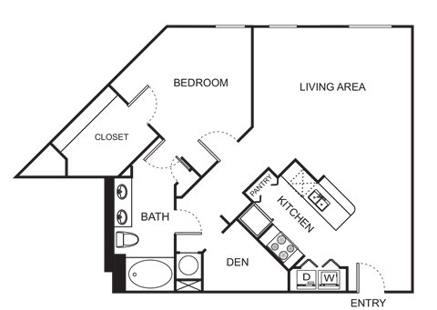 Floor plan for 1 bed, 1 bath, 963 sqft