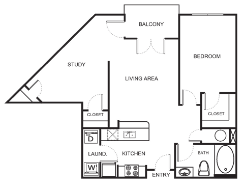 Floor plan for 1 bed, 1 bath, 846 sqft