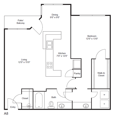 Floor plan for 1 bed, 1 bath, 947 sqft