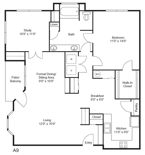 Floor plan for 1 bed, 1 bath, 1168 sqft