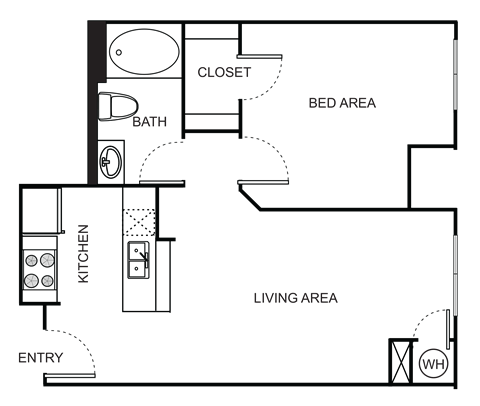 Floor plan for 1 bed, 1 bath, 647 sqft