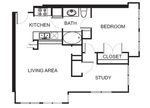 Floor plan for 1 bed, 1 bath, 812 sqft