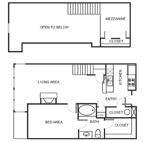 Floor plan for 1 bed, 1 bath, 915 sqft