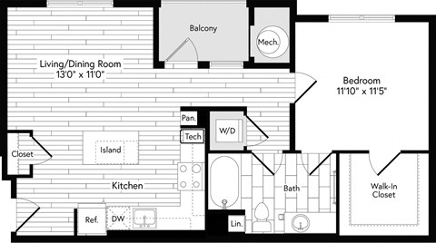 Floor plan for 1 bed, 1 bath, 824 sqft