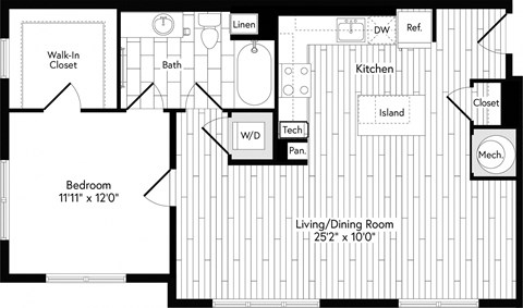Floor plan for 1 bed, 1 bath, 915 sqft
