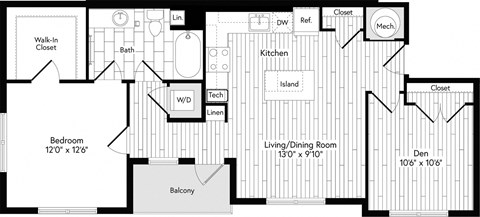 Floor plan for 1 bed, 1 bath, 890 sqft