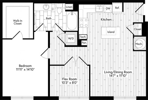Floor plan for 1 bed, 1 bath, 964 sqft