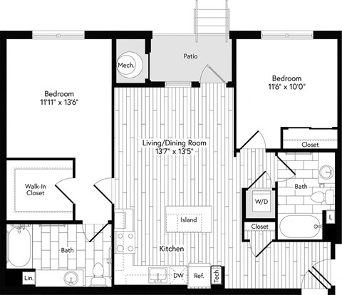 Floor plan for 2 beds, 2 baths, 1029 sqft