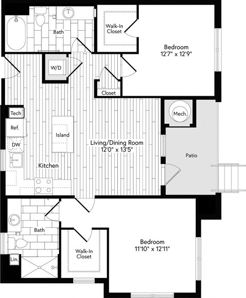 Floor plan for 2 beds, 2 baths, 1051 sqft