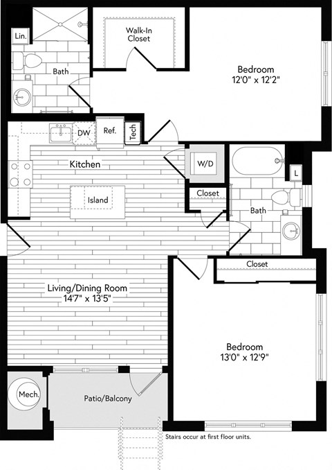 Floor plan for 2 beds, 2 baths, 1063 sqft