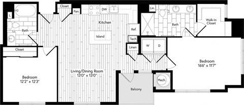 Floor plan for 2 beds, 2 baths, 1100 sqft
