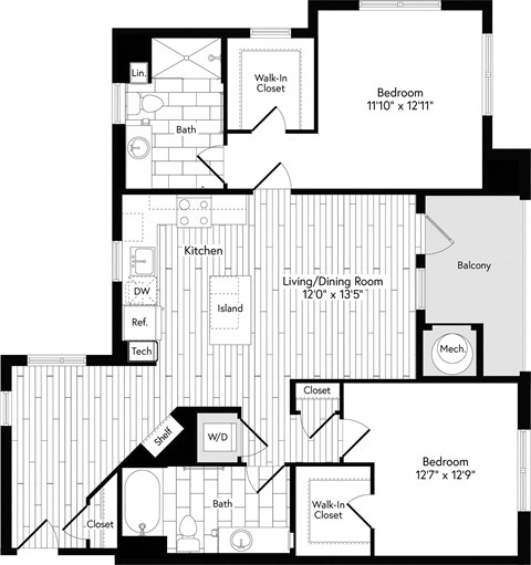 Floor plan for 2 beds, 2 baths, 1165 sqft