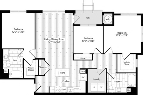 Floor plan for 3 beds, 2 baths, 1411 sqft