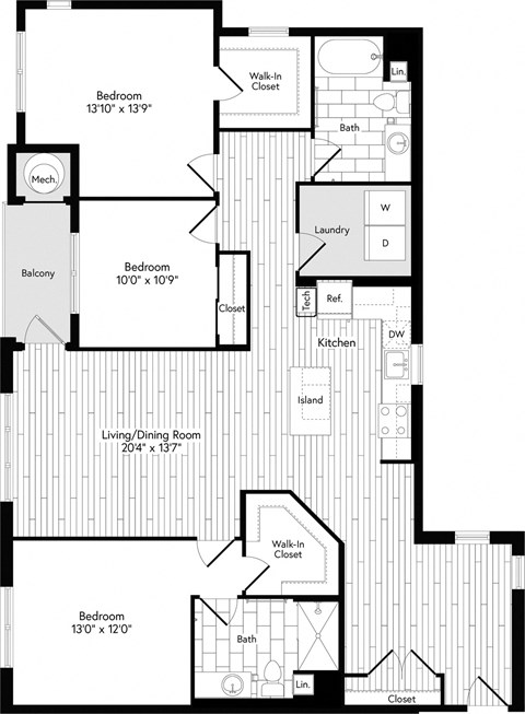 Floor plan for 3 beds, 2 baths, 1570 sqft