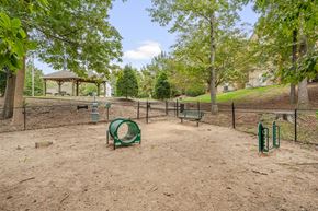 Durham apartment for rent - A dog park with a green slide and a brown dirt ground.