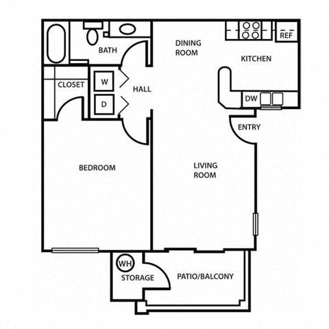 Floor plan for 1 bed, 1 bath, 726 sqft