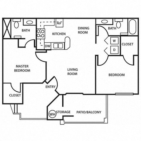 Floor plan for 2 beds, 2 baths, 896 sqft