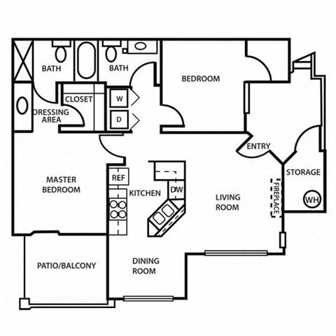 Floor plan for 2 beds, 2 baths, 945 sqft