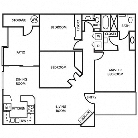 Floor plan for 3 beds, 2 baths, 1245 sqft