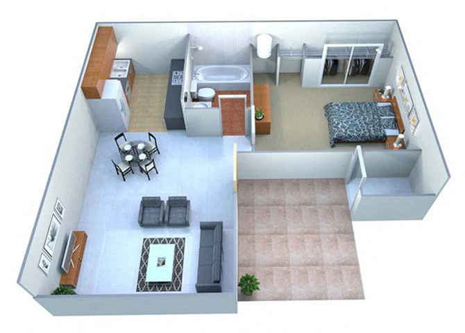 Floor plan for 1 bed, 1 bath, 492 sqft