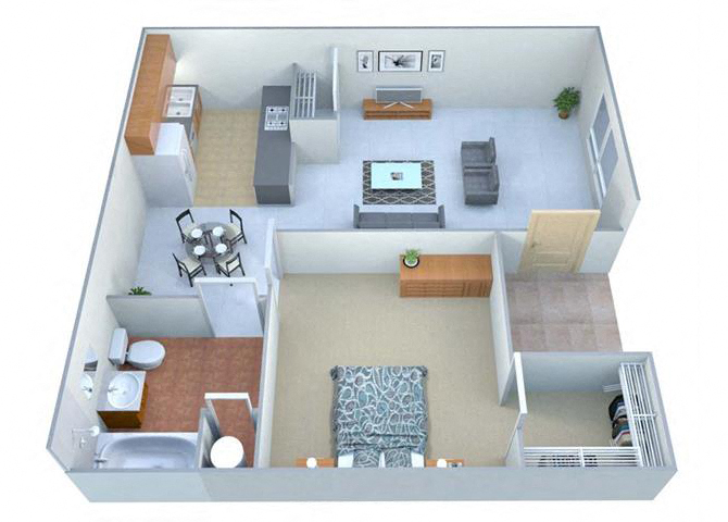 Floor plan for 1 bed, 1 bath, 492 sqft