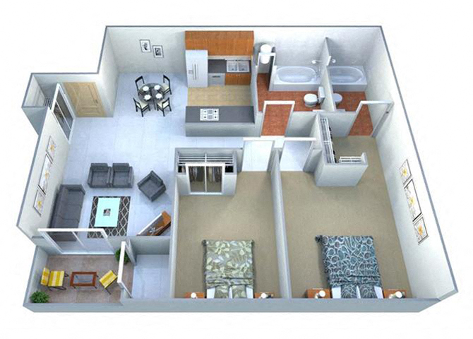 Floor plan for 2 beds, 2 baths, 770 sqft