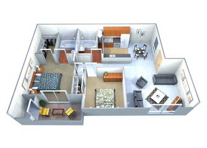 Floor plan for 2 beds, 2 baths, 827 sqft